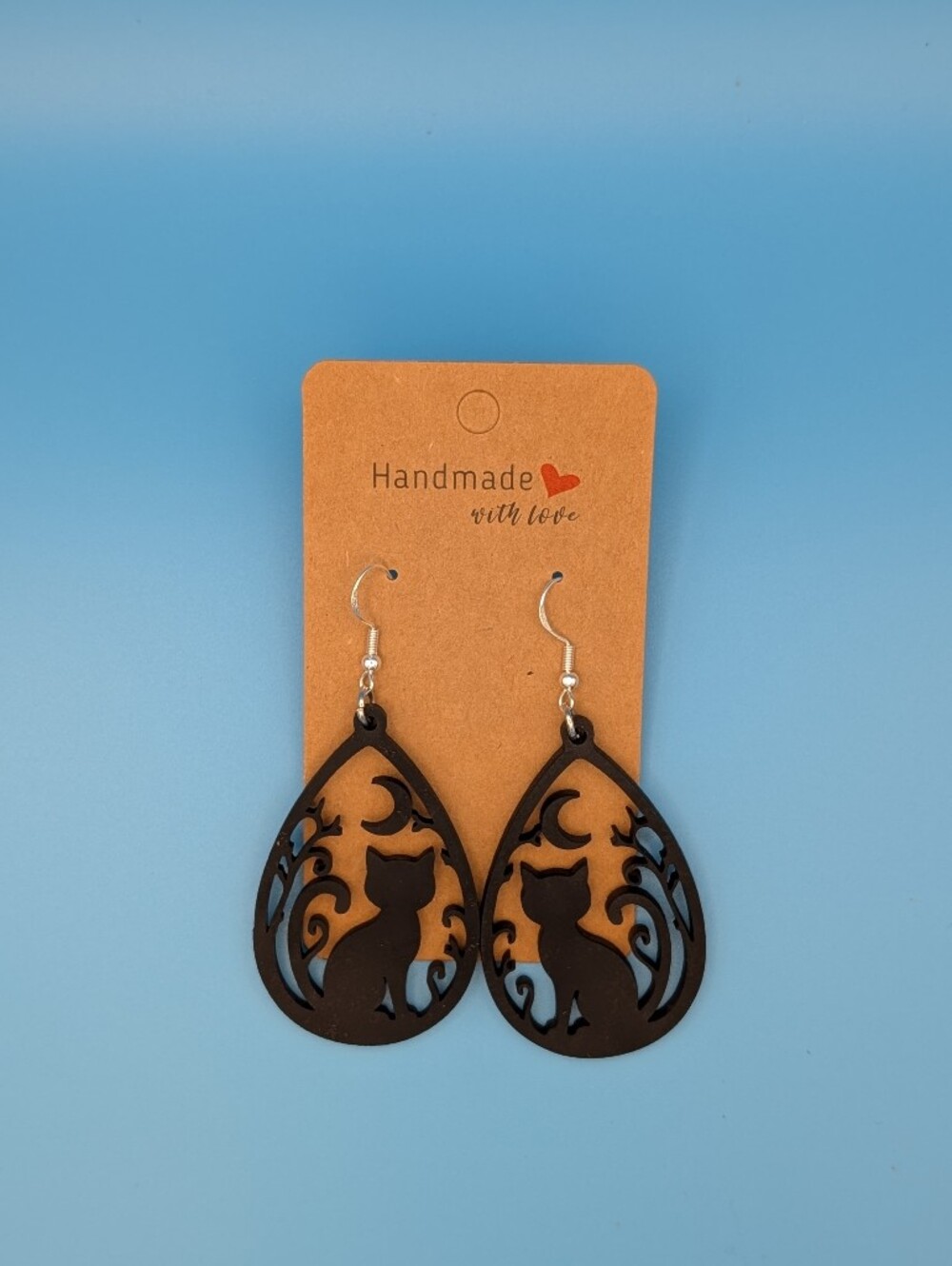 Handmade Black Filigree Cat Teardrop Earrings
